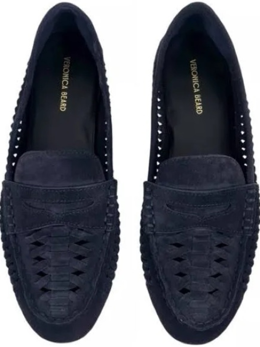 Veronica Beard Navy Suede Woven Penny Loafers